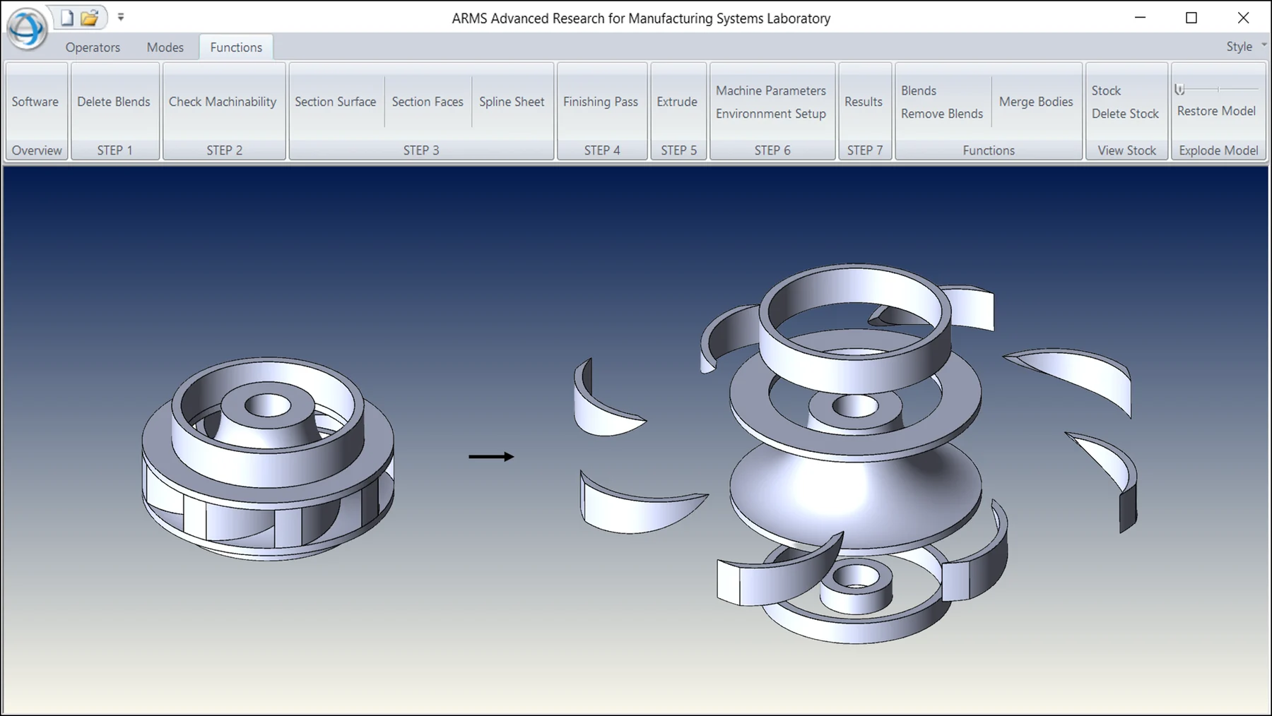 ARMS process-selection software showing a component decomposed into features for machining, DED, or hybrid manufacturing analysis